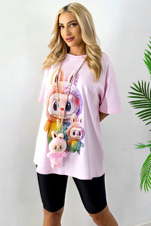 Tricou lung imprimat BuBu TOY si colier cu jucarie plus, Roz, Marime S/M/L