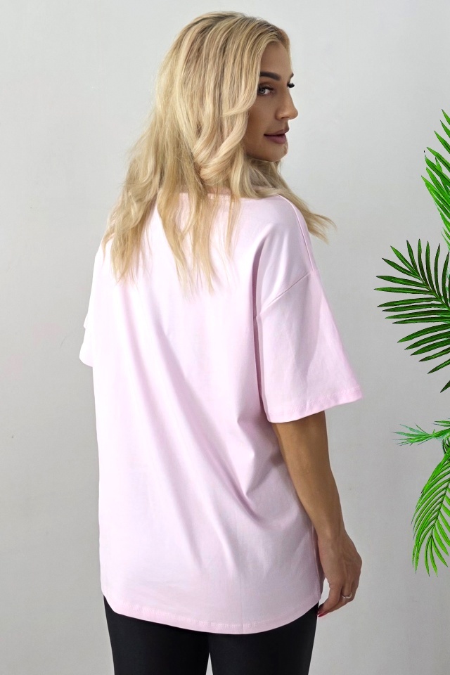 Tricou lung imprimat La BuBu, cu perle si cristale colorate, Roz, Marime S/M/L - 1 | YEO