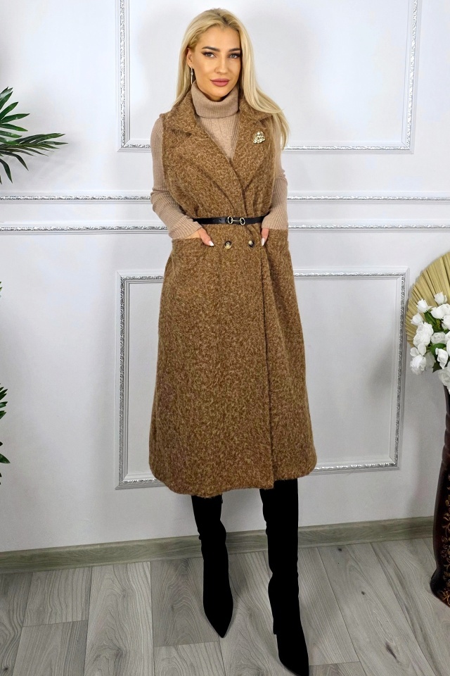 Vesta lunga de dama SILVANA, cu brosa si curea incluse, Maro, Marime S/M/L