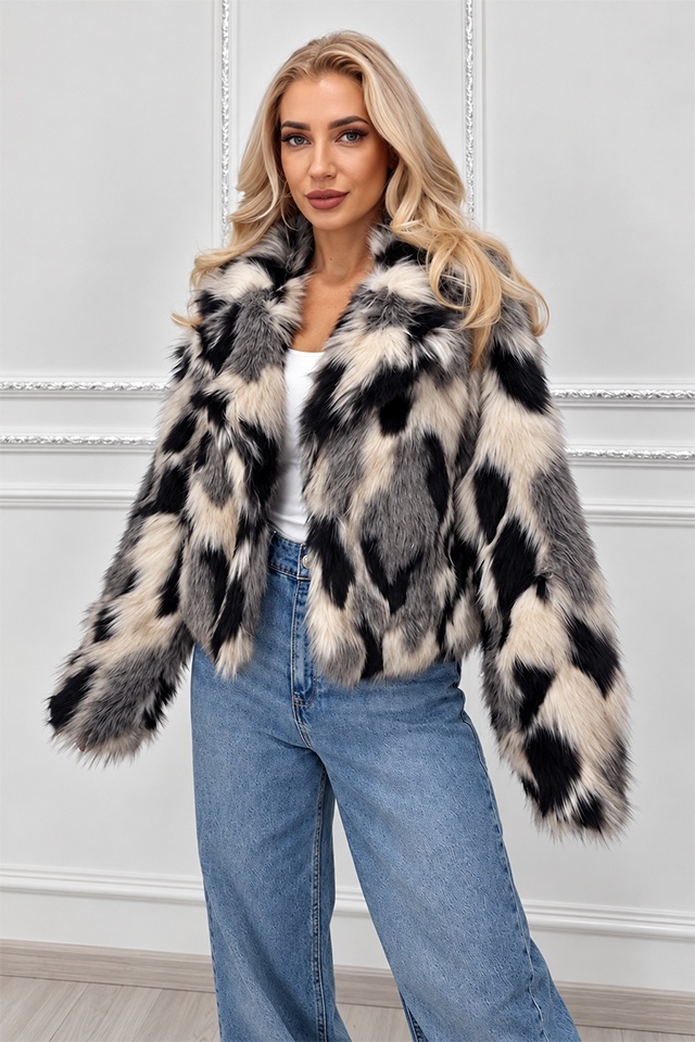 Blana animal print Ysolde din blana ecologica, cu interior satinat, Crem, Marime S/M — imaginea 2
