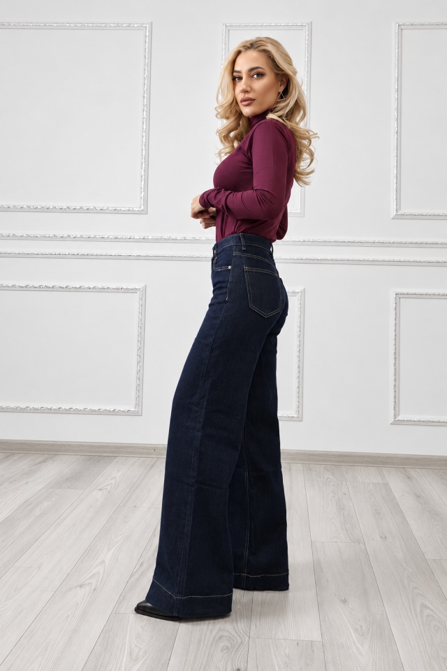 Blugi dama LYSENIA wide leg, cu talie inalta si croi larg, Albastru inchis — imaginea 3