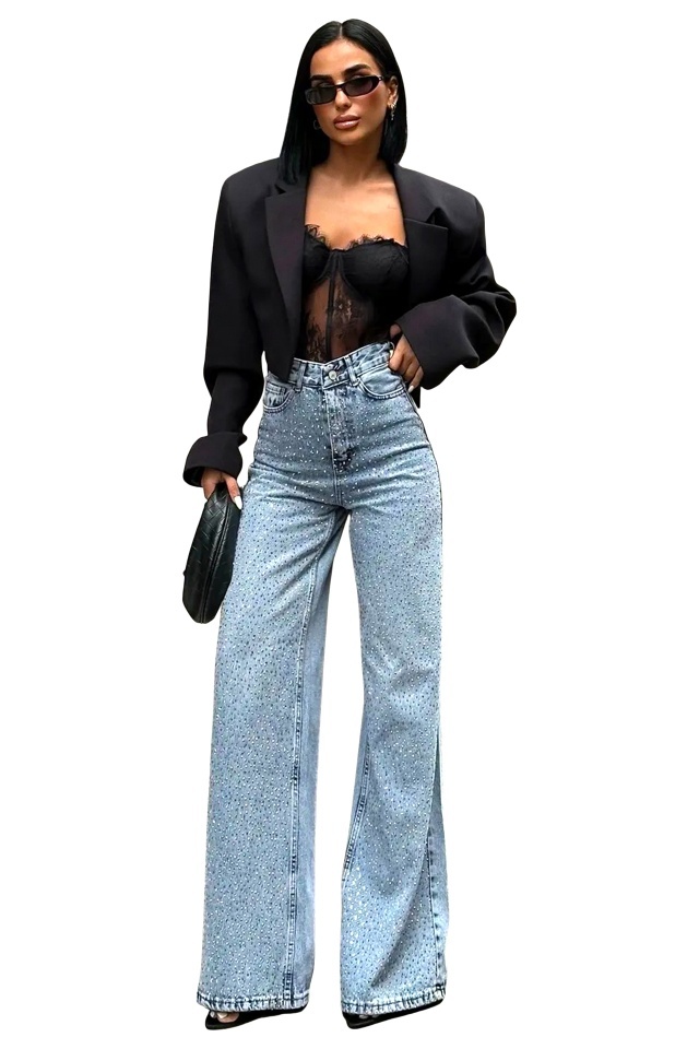 Blugi evazati Veyra, croi wide leg cu cristale, Albastru deschis