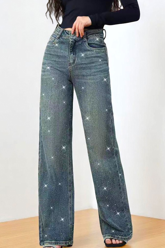 Blugi mom fit baggy ReBBE, cu paiete si croi drept, Gri inchis