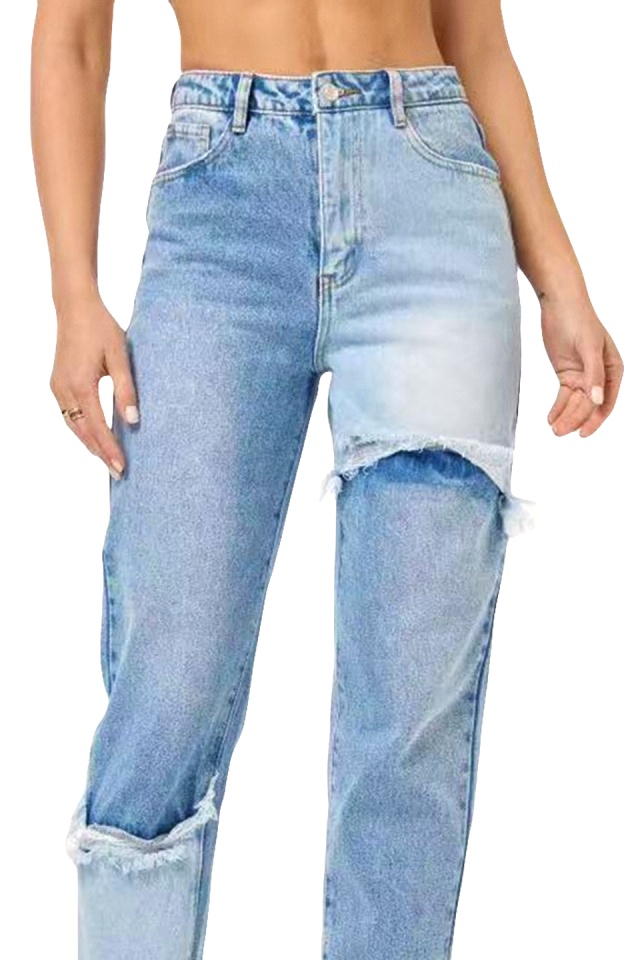 Blugi mom fit bicolor Riverside, aspect prespalat si perforatii petrecute, Albastru deschis