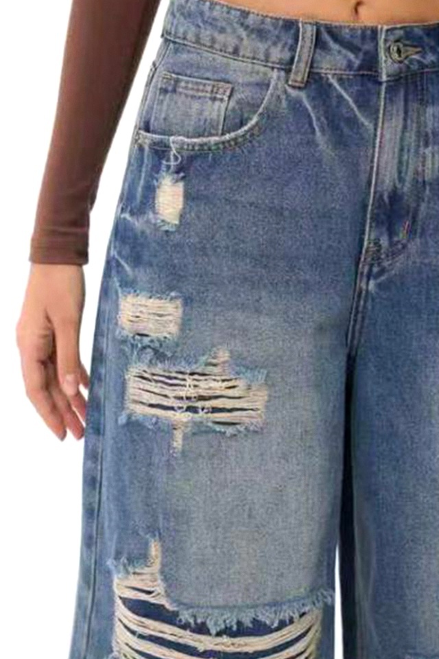 Blugi prespalati KOREAN loose fit, decupati, Albastru denim