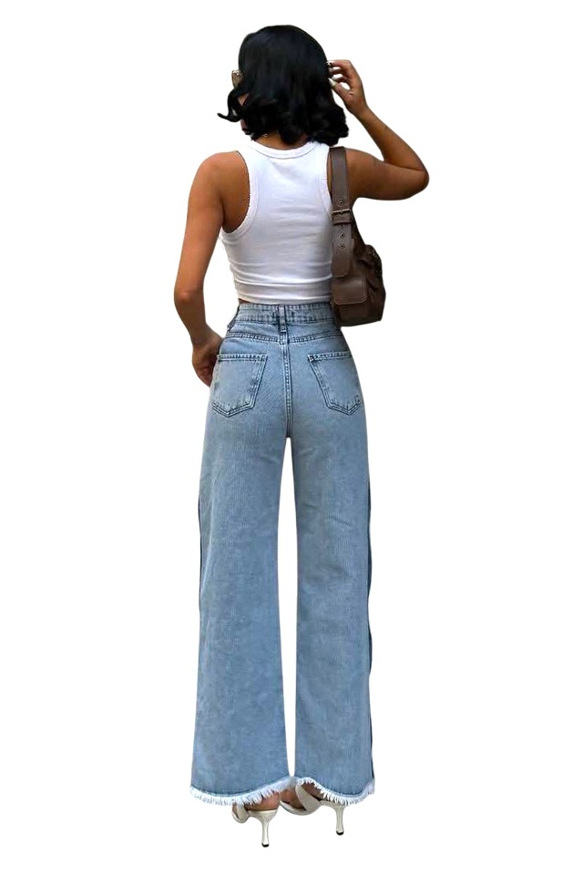Blugi wide leg Banyo, cu capse si franjuri, Albastru deschis