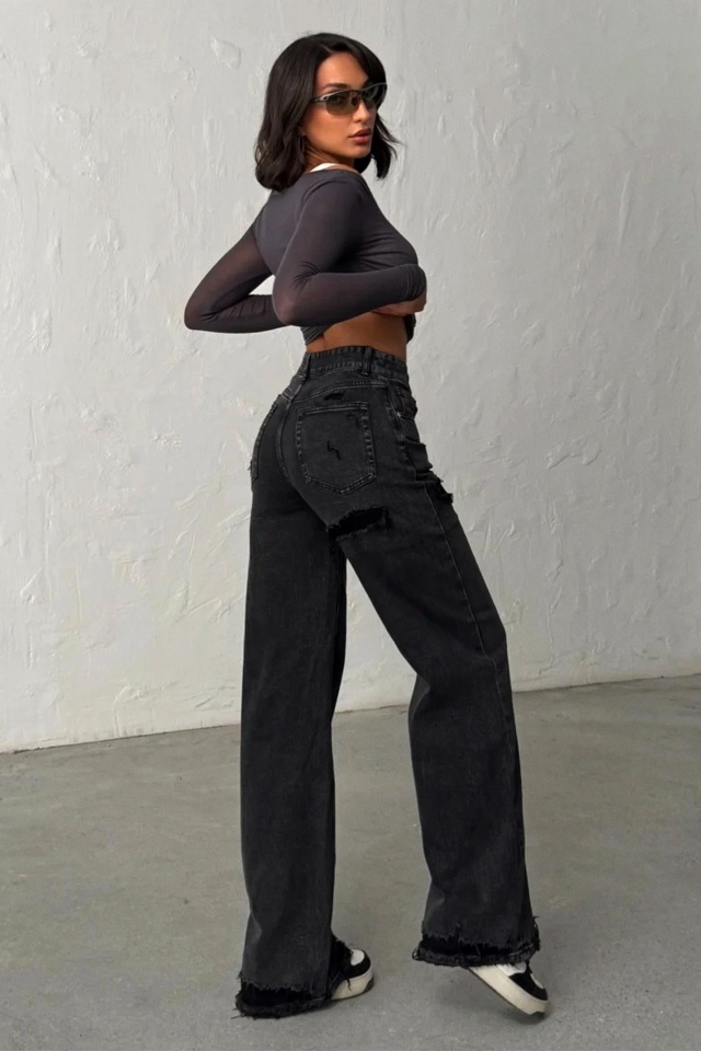 Blugi wide leg cu elastan, MYLANO si perforatii, Negru Antracit