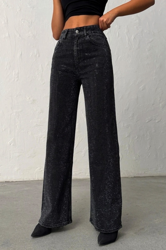 Blugi wide leg cu elastan, MYLANO si strasuri, Negru