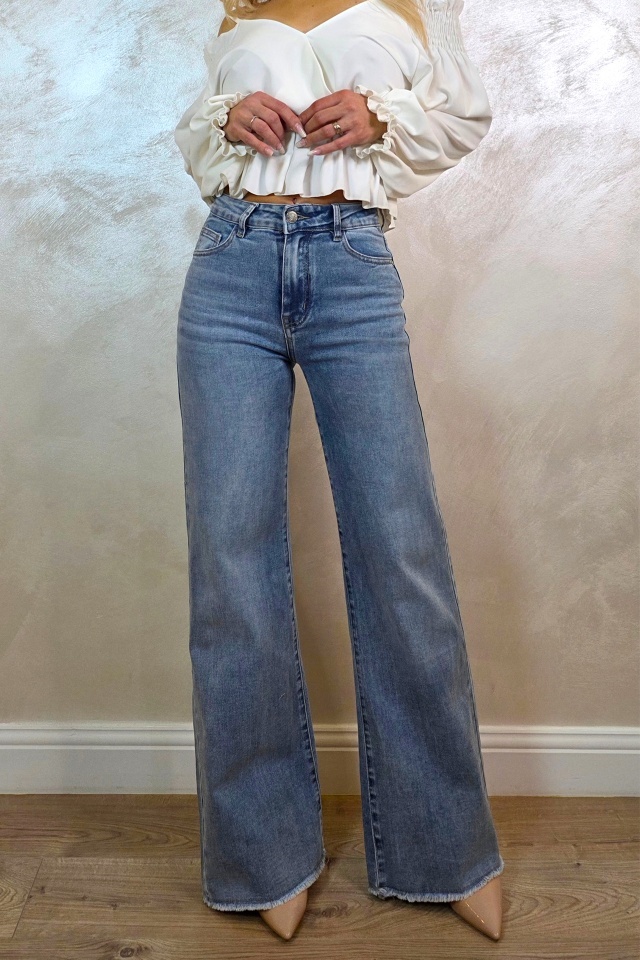 Blugi wide leg evazati Ventura, cu textura elastica, Albastru prespalat