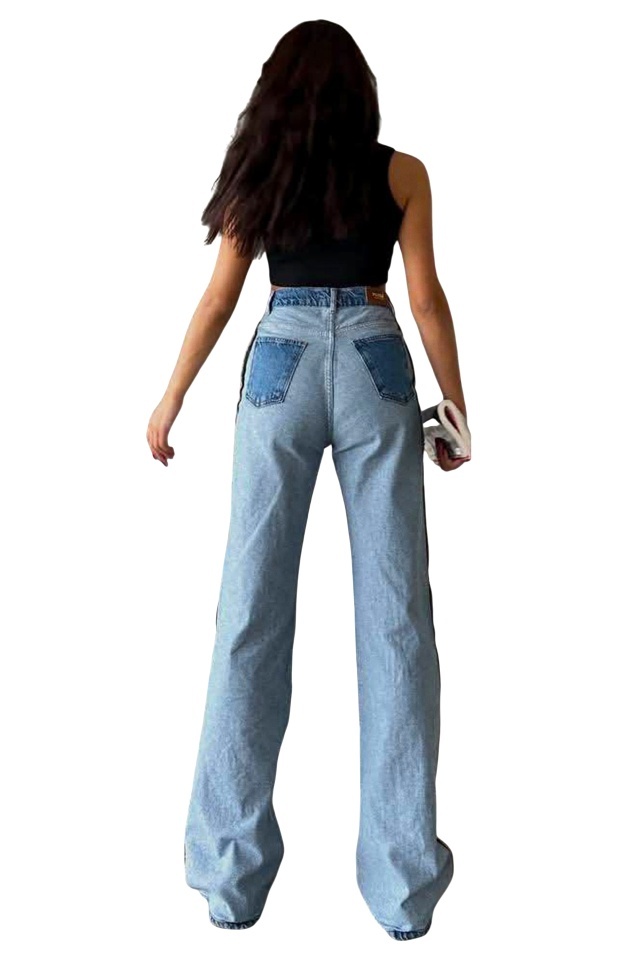 Blugi wide leg in doua nuante Zurich, cu dunga laterala in relief, Albastru deschis