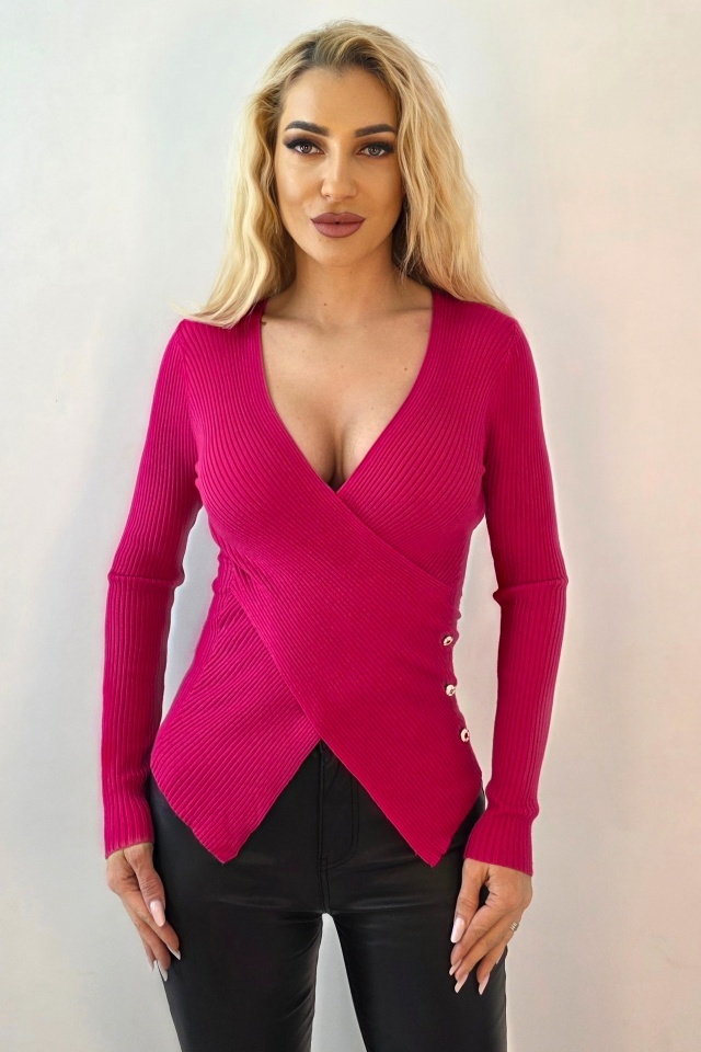Bluza bandage, asimetrica Miss Lady, cu decolteu petrecut, Fucsia
