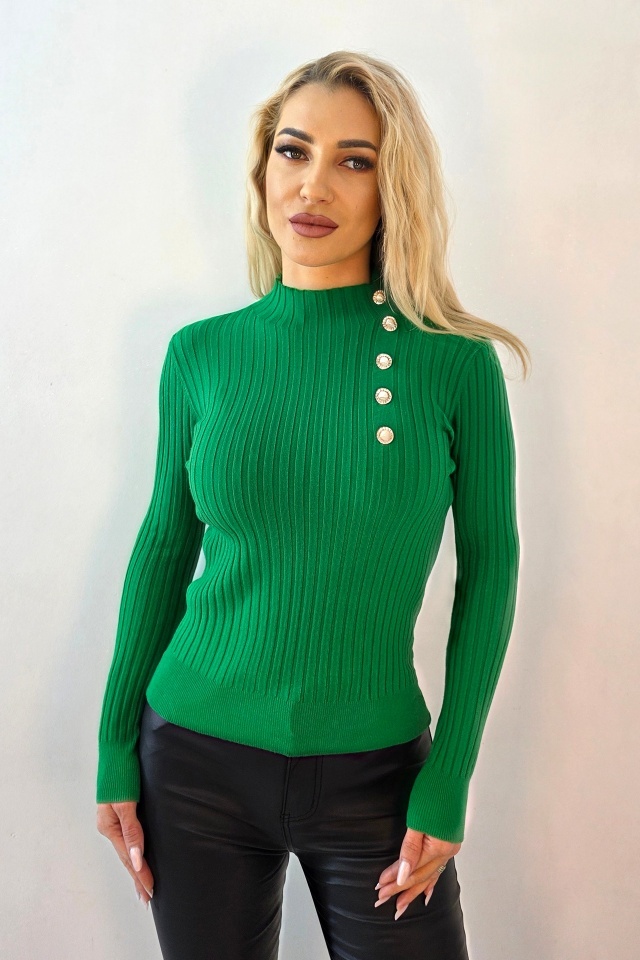 Bluza de dama ELORIA, cu guler inalt si nasturi perlati, Verde