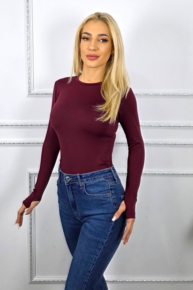 Bluza midi BASIC, cu guler rotund si fenta deget, Burgundy