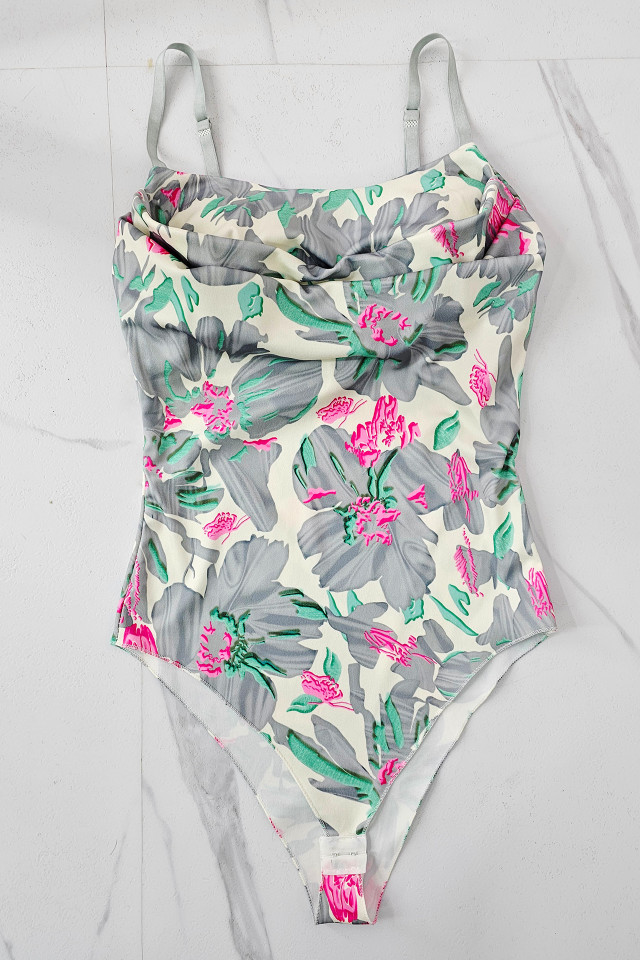 Body cu bretele reglabile SpRING Mood, imprimeu floral si falduri, Gri, Marime S/M