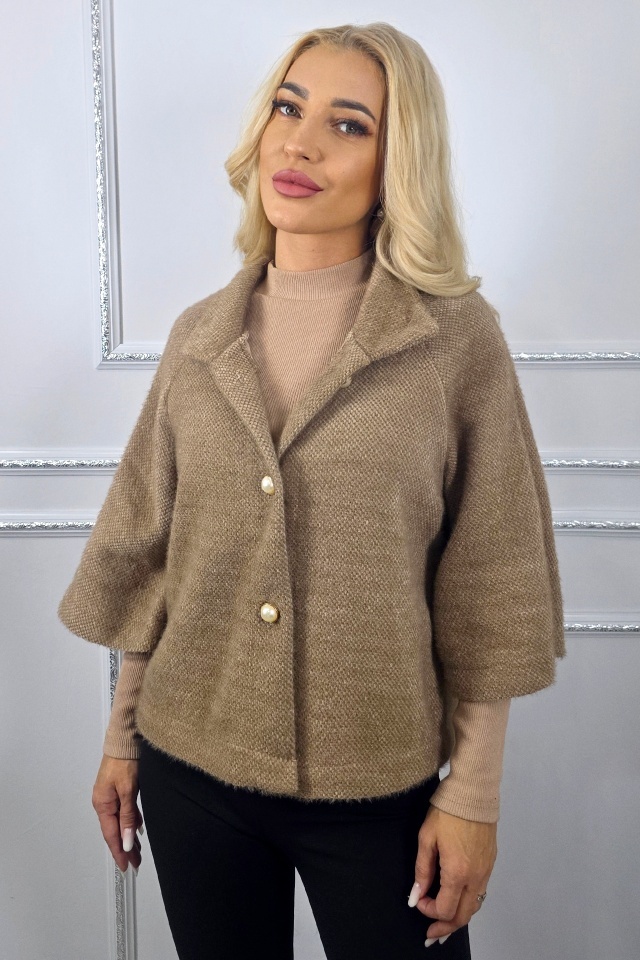 Bolero cu maneca trei sferturi, VORRA si butoni perla, Maro, Marime S/M - 3 | YEO