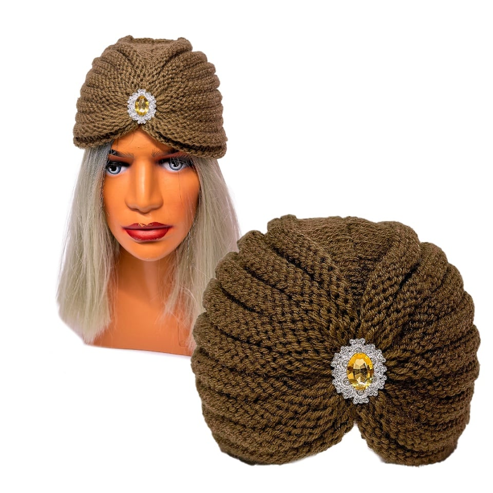 Caciula dama tip turban, NIDEH, cu brosa si textura tricotata, Maro