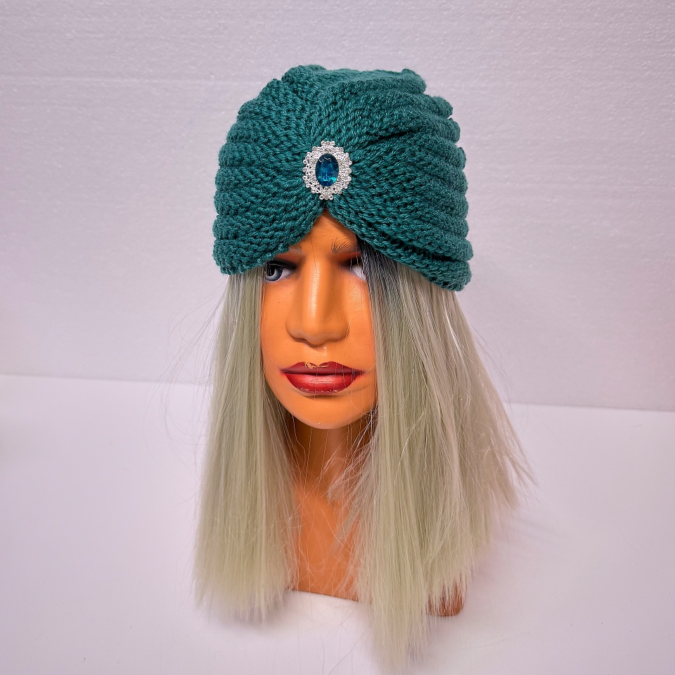 Caciula dama tip turban, NIDEH, cu brosa si textura tricotata, Turquoise - 2 | YEO