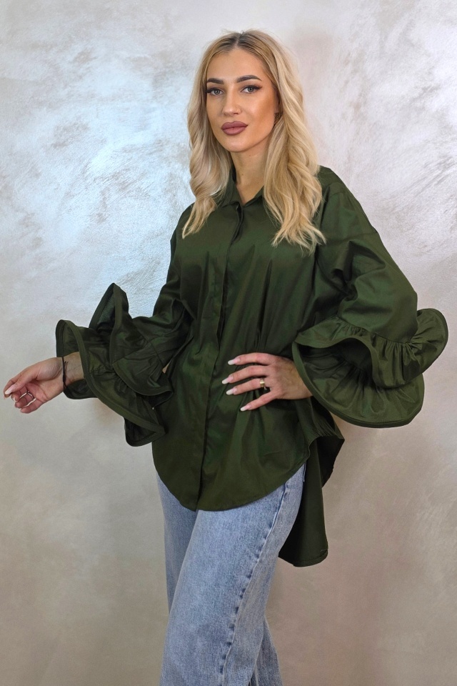 Camasa cu volane Sugar LoLLy si lungime asimetrica, Smarald, Marime S/M/L