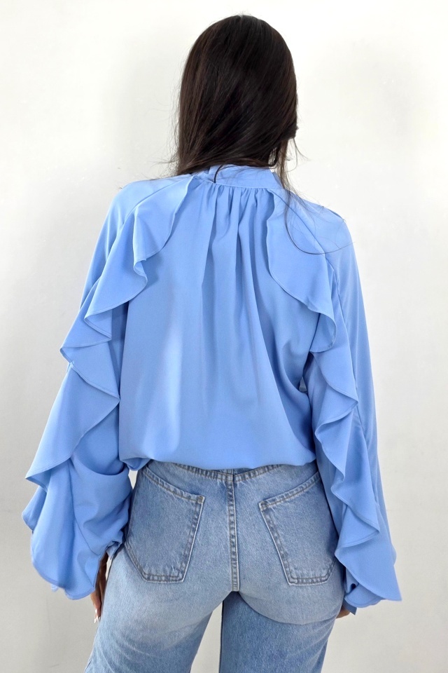Camasa eleganta Jordany, cu volane multiple si butoni aurii, Baby Blue - 1 | YEO