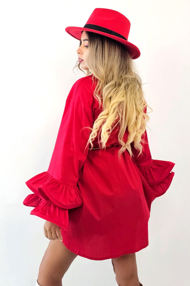 Camasa eleganta Sugar LoLLy, maneci cu volane si croi supradimensionat, Rosu, Marime S/M/L - 1 | YEO