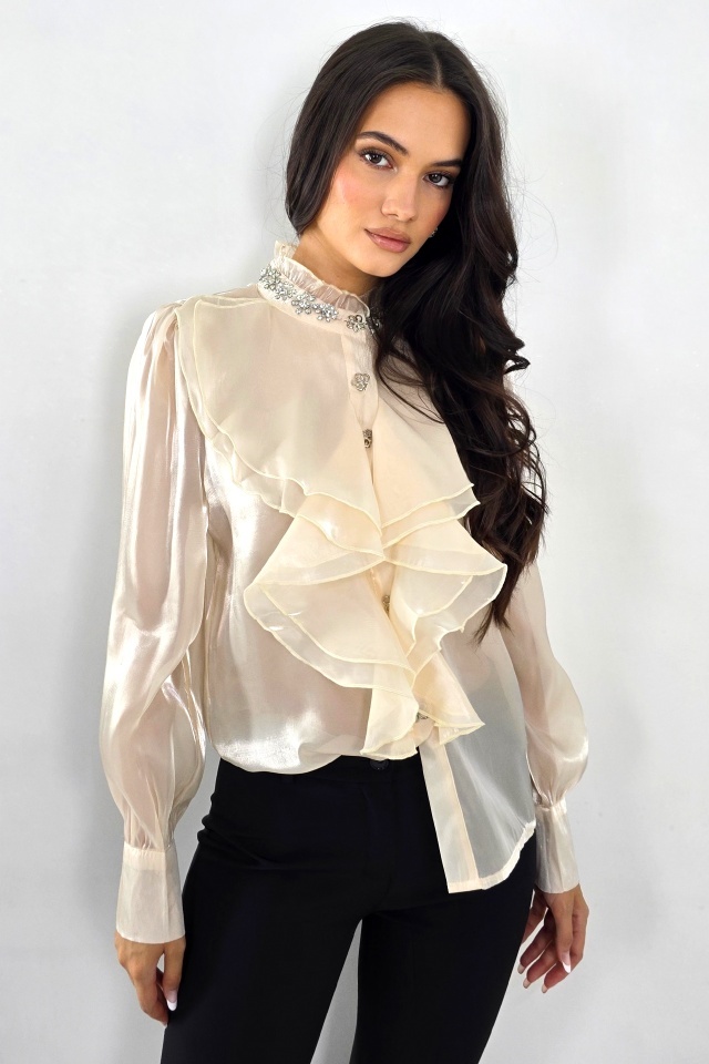Camasa eleganta, transparenta Costanza, cu jabou si cristale, Crem, Marime S/M - 3 | YEO