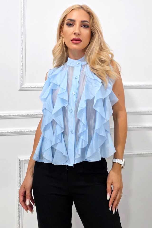 Camasa fara maneci din lyocell NIVA, cu volanase, Baby Blue, Marime S/M