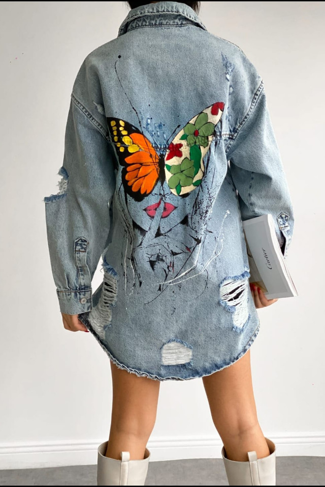 Camasa lunga din denim, Sahar, Butterfly, Albastru deschis - 2 | YEO