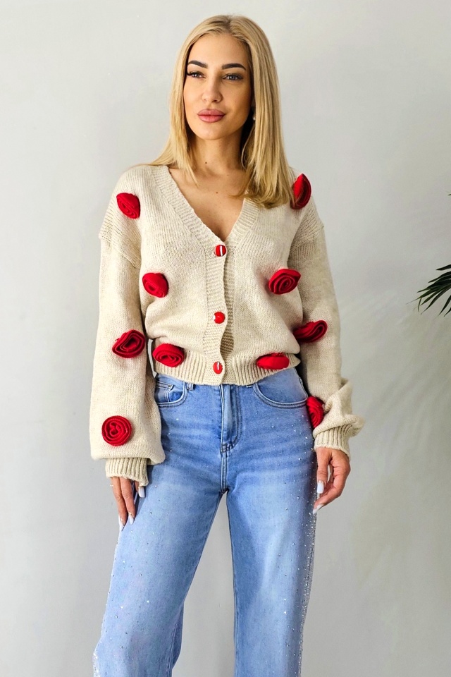 Cardigan de dama Rowan, cu nasturi si trandafiri rosii tricotati, Bej, Marime S/M/L - 3 | YEO