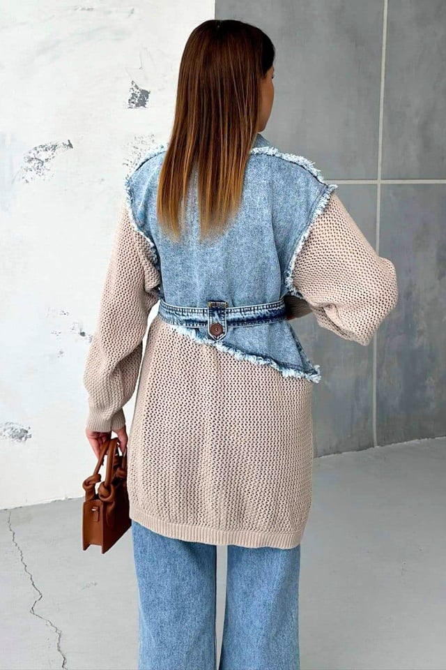 Cardigan lung Violeta, din tricot cu denim si cordon asortat, Bej - 1 | YEO