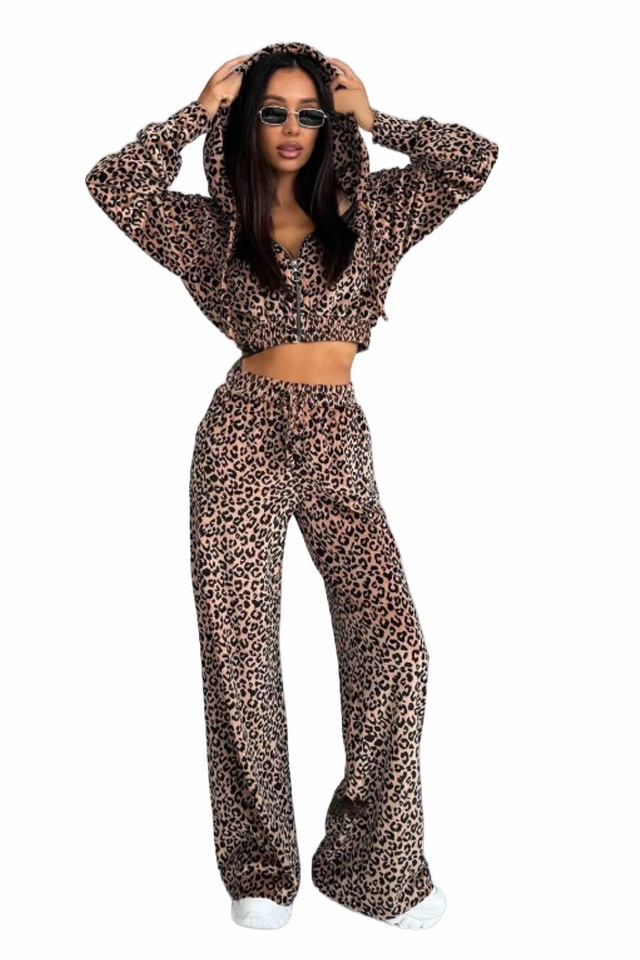 Compleu casual de dama, Savage, pantaloni largi si hanorac cu fermoar, BEJ Leopard