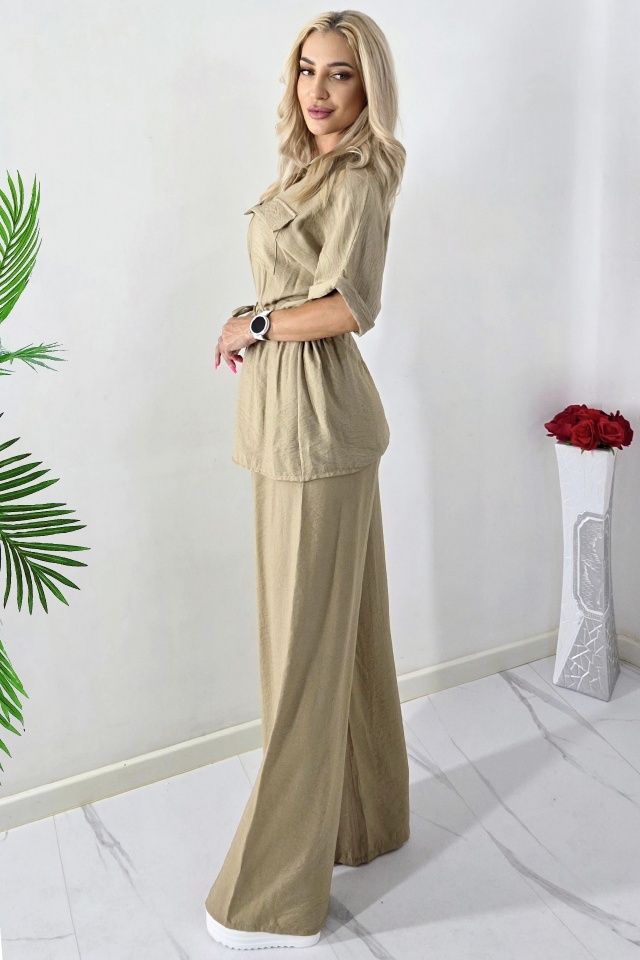 Compleu casual din vascoza LUNIA, camasa lunga si pantaloni cu banda elastica, BEJ, Marime S/M - 3 | YEO