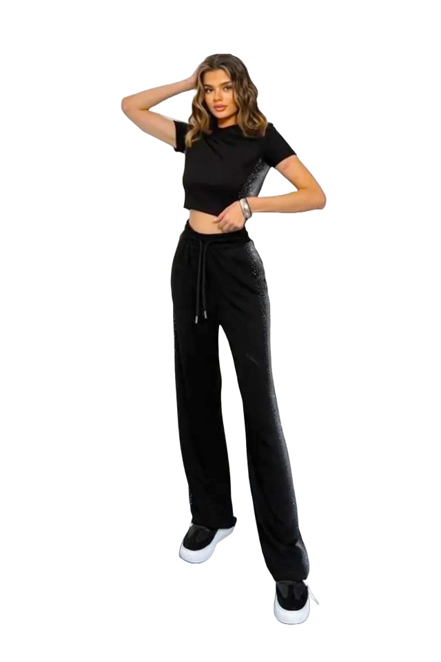 Compleu casual VALKY, cu top si pantaloni in doua nuante cromatice, Negru - 3 | YEO