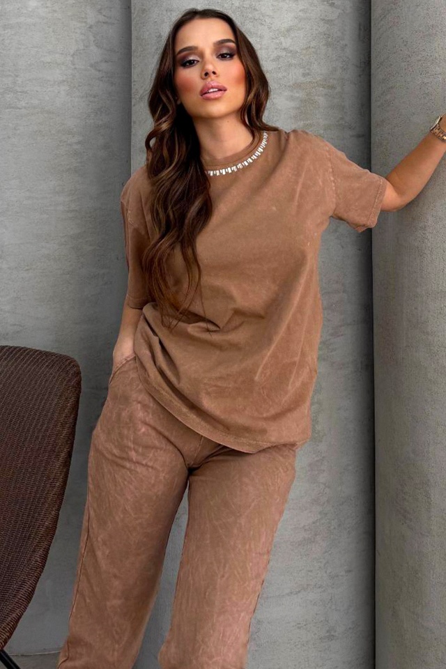 Compleu catifelat RAVEL, cu tricou stilizat si pantaloni cu snur, BEJ - 1 | YEO