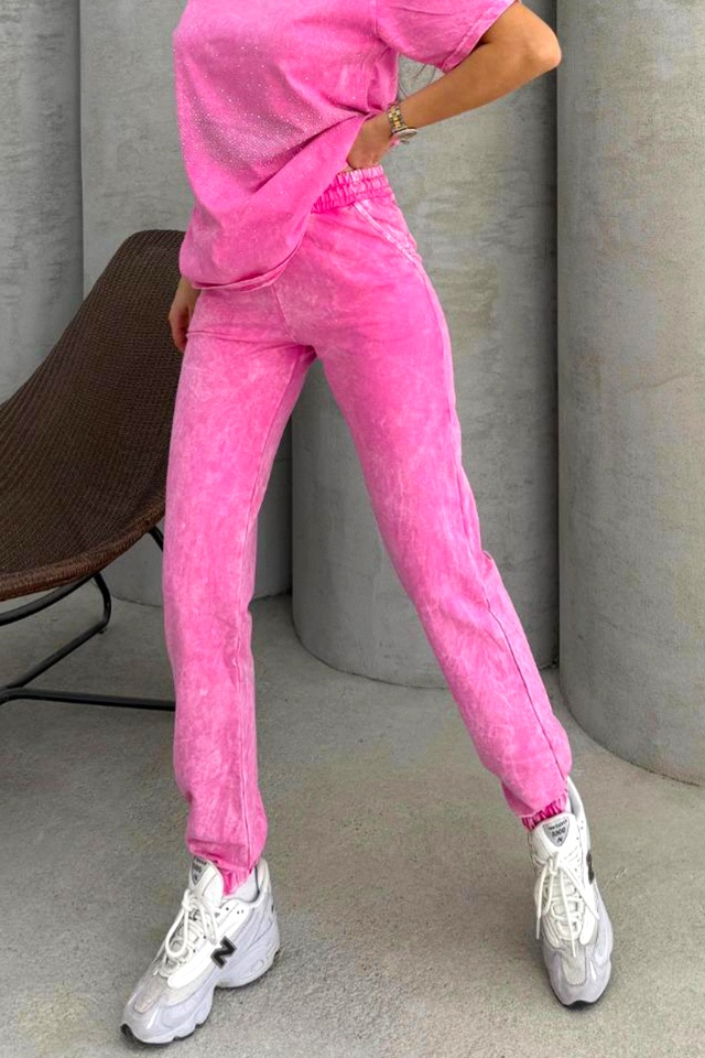 Compleu catifelat ROSSA, tricou cu strasuri si pantaloni cu buzunare, ROZ - 1 | YEO
