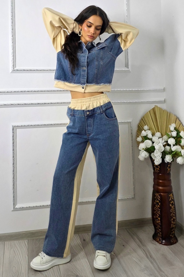 Compleu cu panou de blugi, Samya, pantaloni si jacheta hibrid, Crem, Marime S/M - 2 | YEO