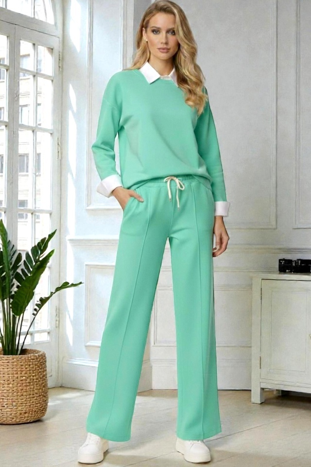 Compleu dama ALYA, cu bluza tip camasa si pantaloni lejeri cu snur, Verde, Marime S/M/L