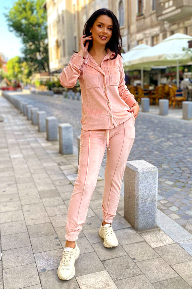 Compleu de catifea Aurora, pantaloni si camasa, Roz, Marime S/M