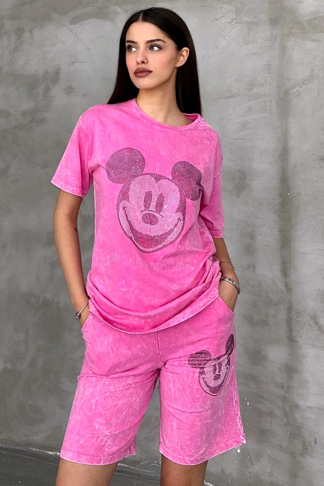 Compleu de dama RUDY, pantaloni scurti si tricou cu paiete, Roz Mickey