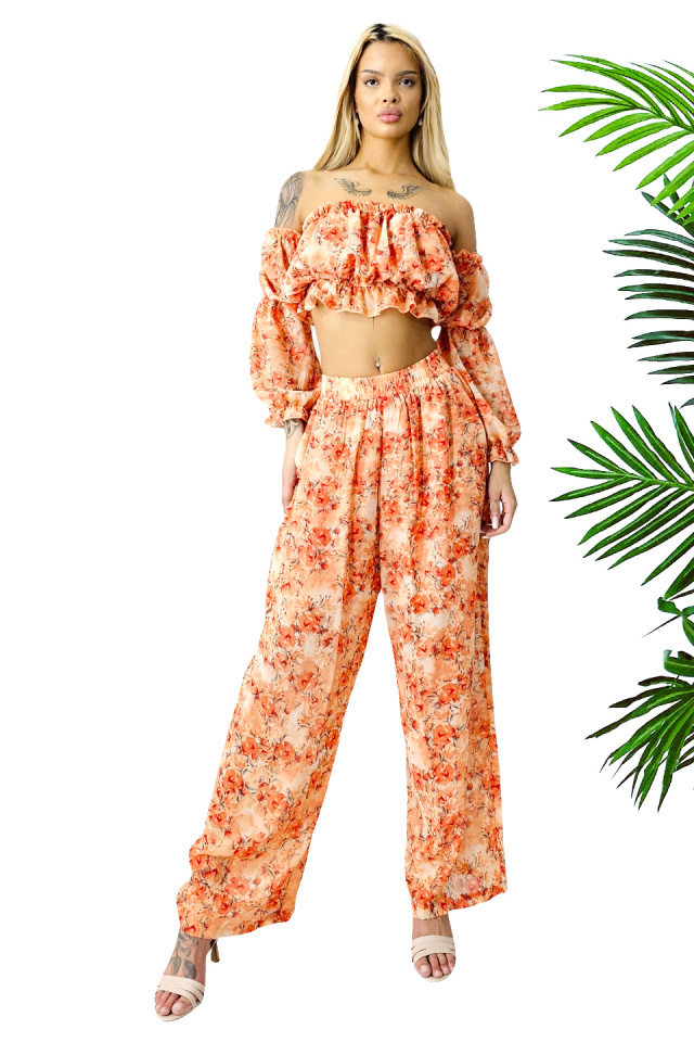 Compleu de vara Bouquet, pantaloni lejeri si camasa cu volane, Portocaliu, Marimea S/M/L