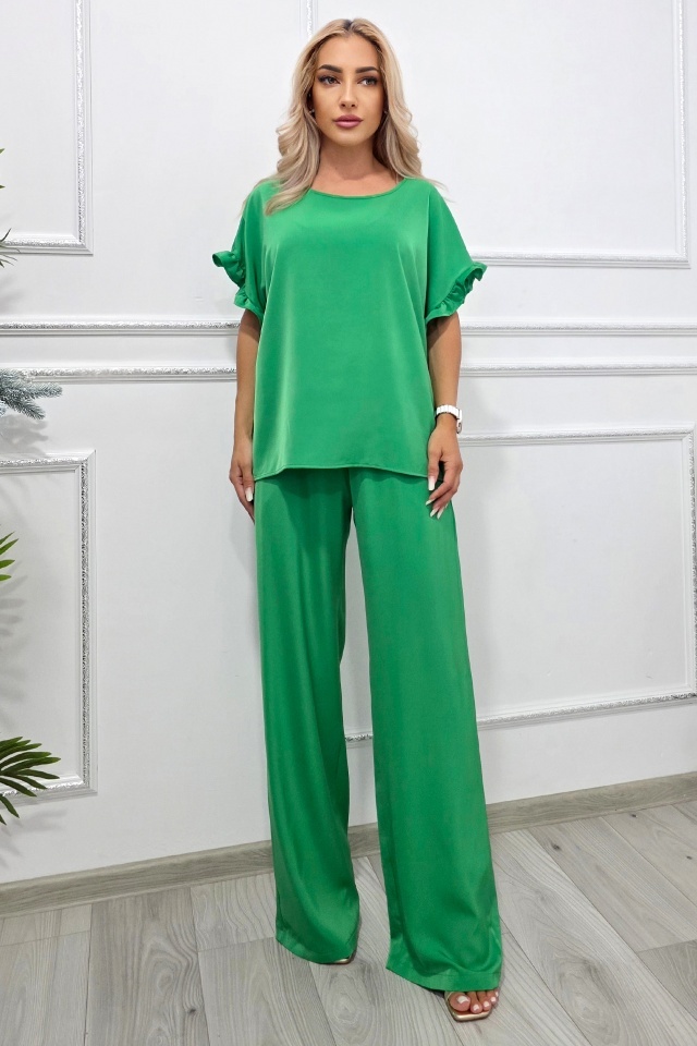 Compleu elegant de vara NORYA, pantaloni lejeri cu bluza si volane, Verde - 2 | YEO
