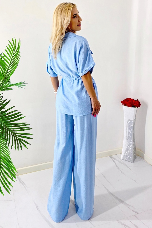 Compleu lejer de vara LUNIA, camasa cambrata si pantaloni largi, Baby Blue, Marime S/M - 1 | YEO