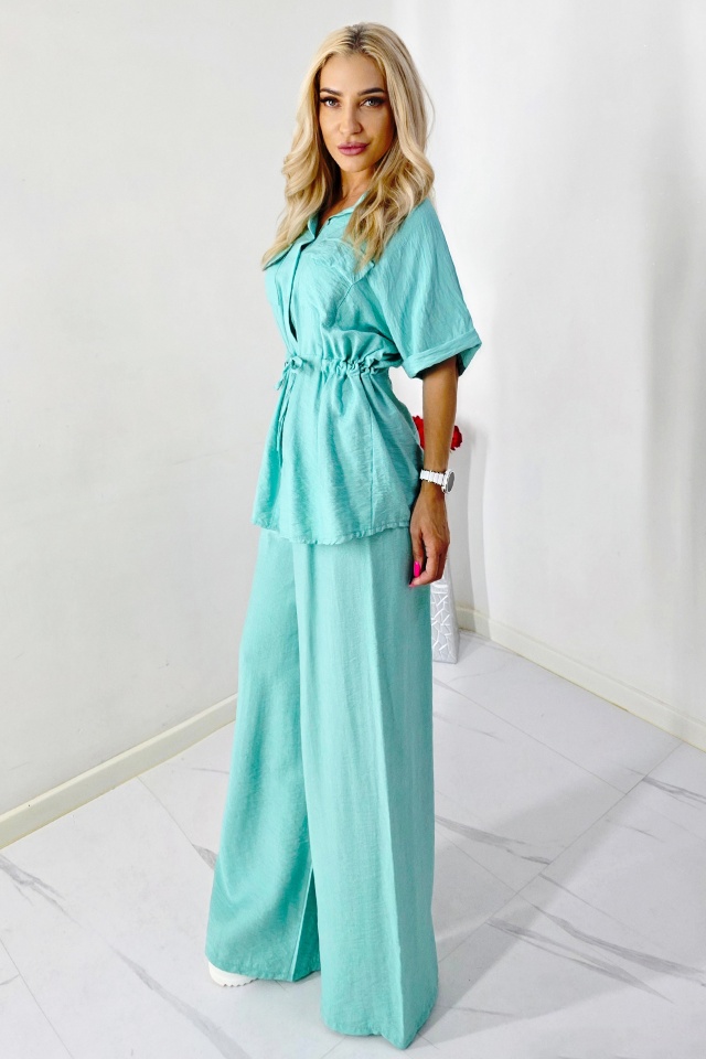 Compleu lejer de vara LUNIA, cu camasa si pantaloni largi, Turquoise, Marime S/M - 3 | YEO