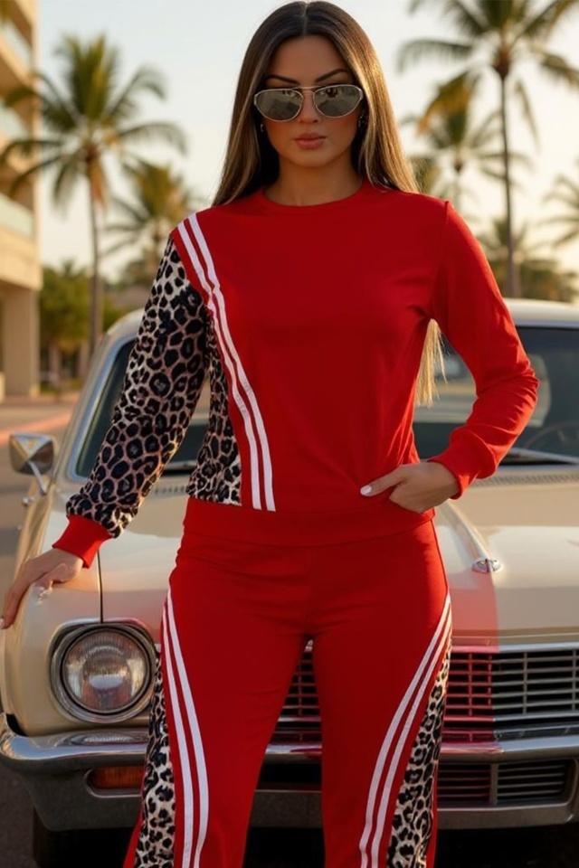 Compleu sport animal print LEONA, cu pantaloni lungi si bluza, Rosu
