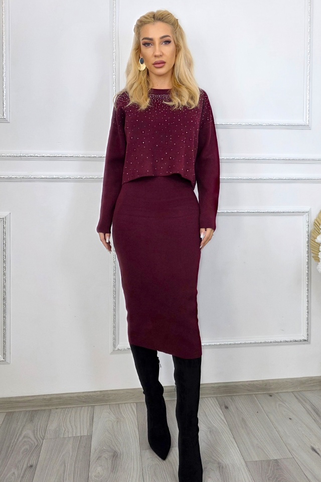 Compleu tricot, casual Caryne, cu rochie si bluza accesorizata, Burgundy, Marime S/M - 3 | YEO