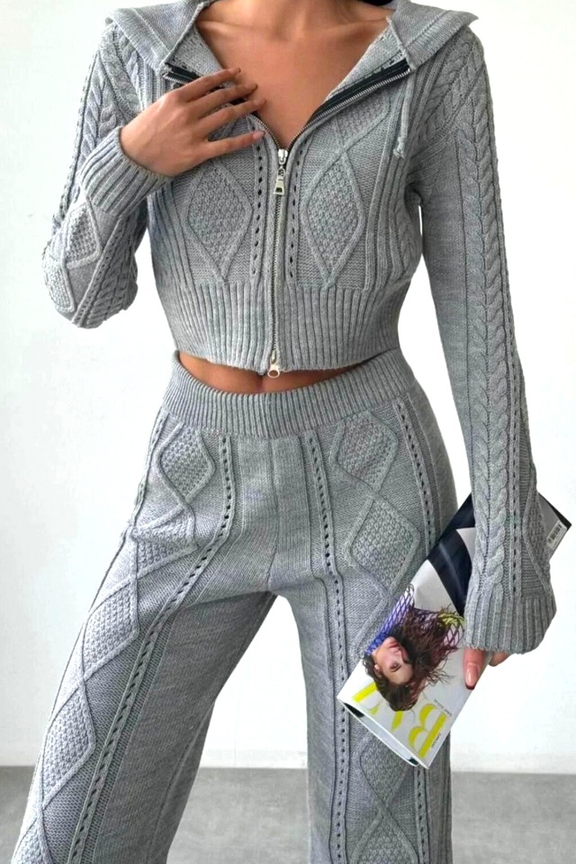 Compleu tricotat TOREN, pantaloni lejeri si bluza cu gluga, Gri, Marime S/M - 1 | YEO