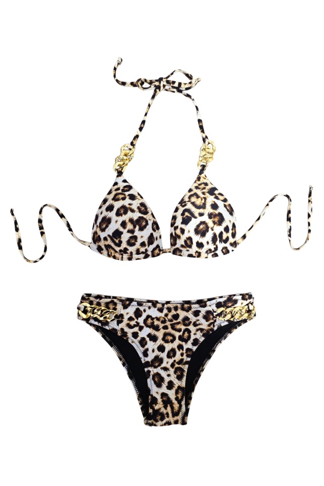 Costum de baie doua piese MALU, cu detalii metalice aurii si cupe buretate, BEJ Leopard - 3 | YEO