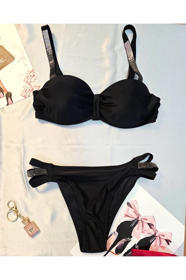 Costum de baie doua piese MONIKA, slip decupat si sutien cu inchidere metalica, Negru - 3 | YEO