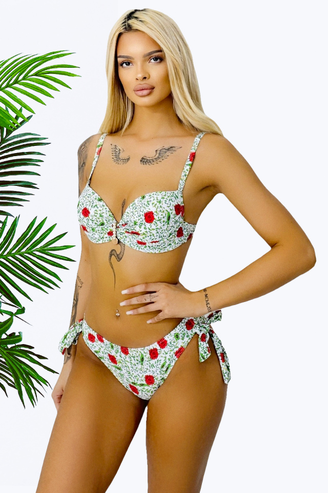 Costum de baie doua piese MYNA, slip reglabil si sutien accesorizat, Verde/Rosu