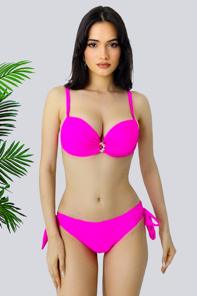 Costum de baie doua piese Ravena, cu slip reglabil si sutien push up, Fucsia