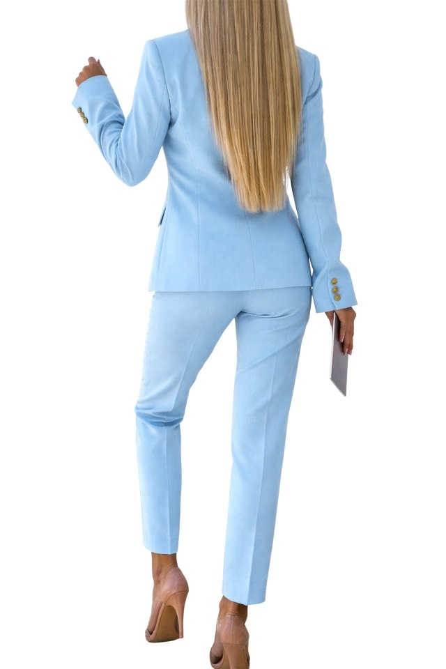 Costum elegant office Paolina, sacou, butoni aurii si pantaloni conici, Blue